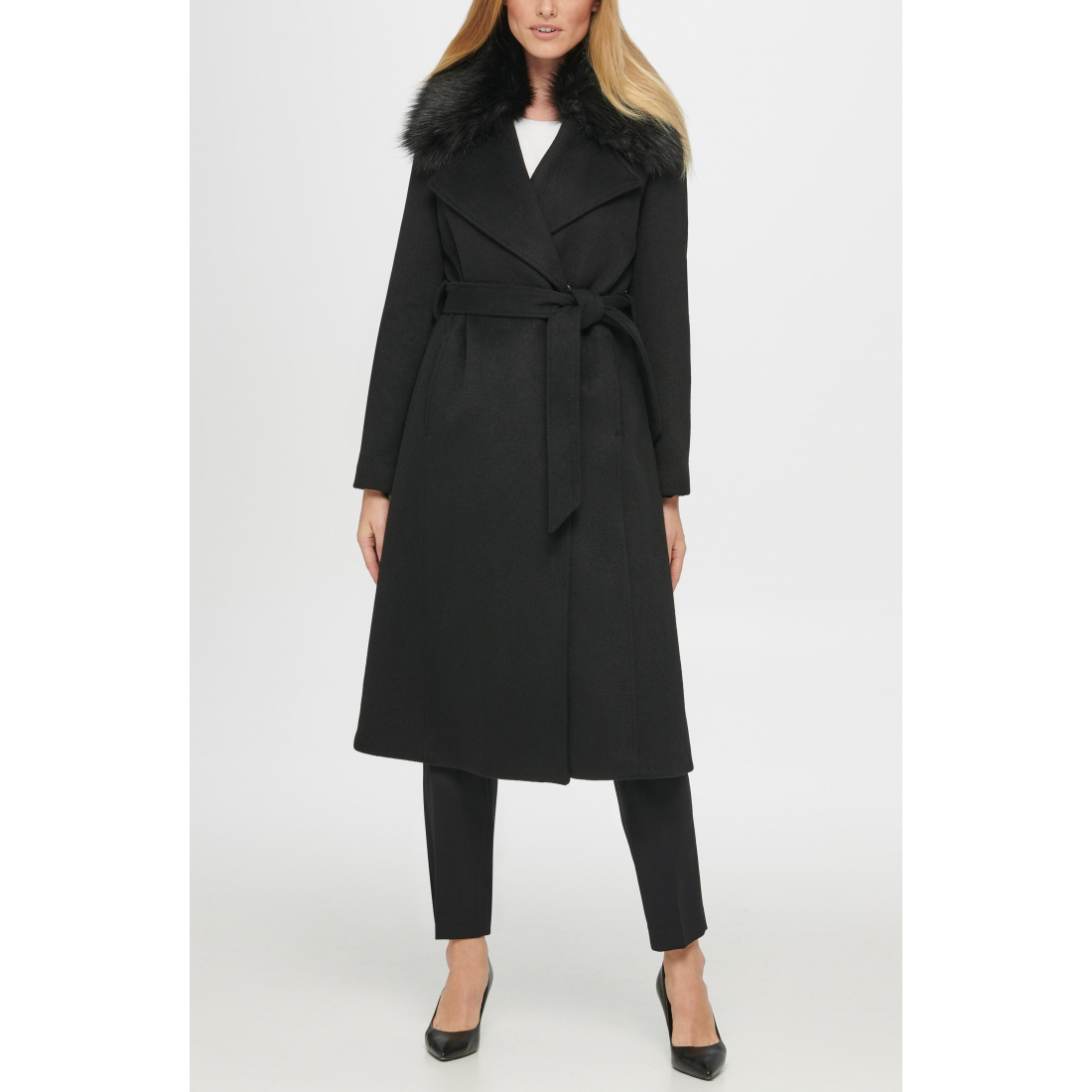 Manteau 'Belted Faux Fur Trim' pour Femmes