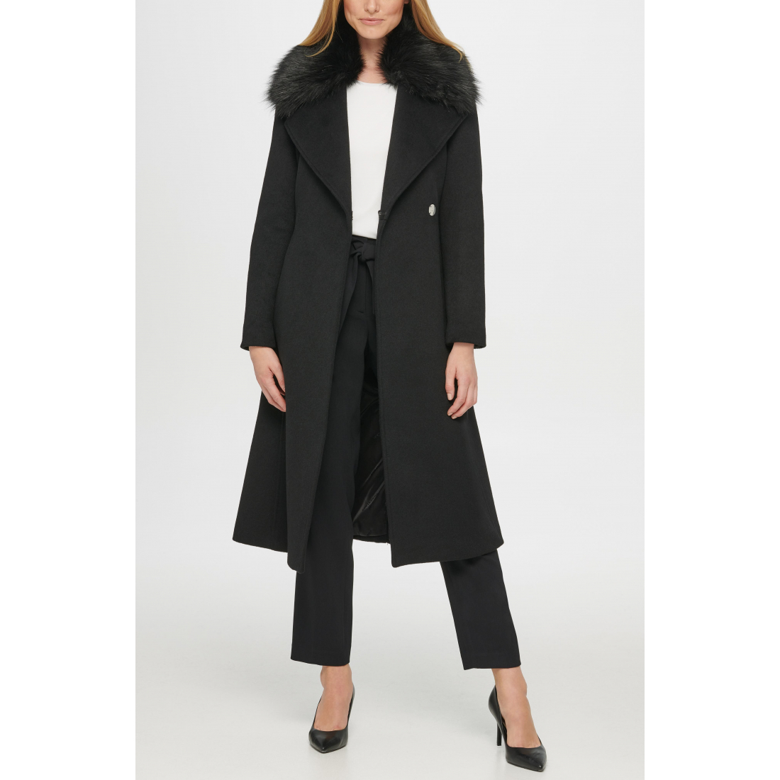 Manteau 'Belted Faux Fur Trim' pour Femmes