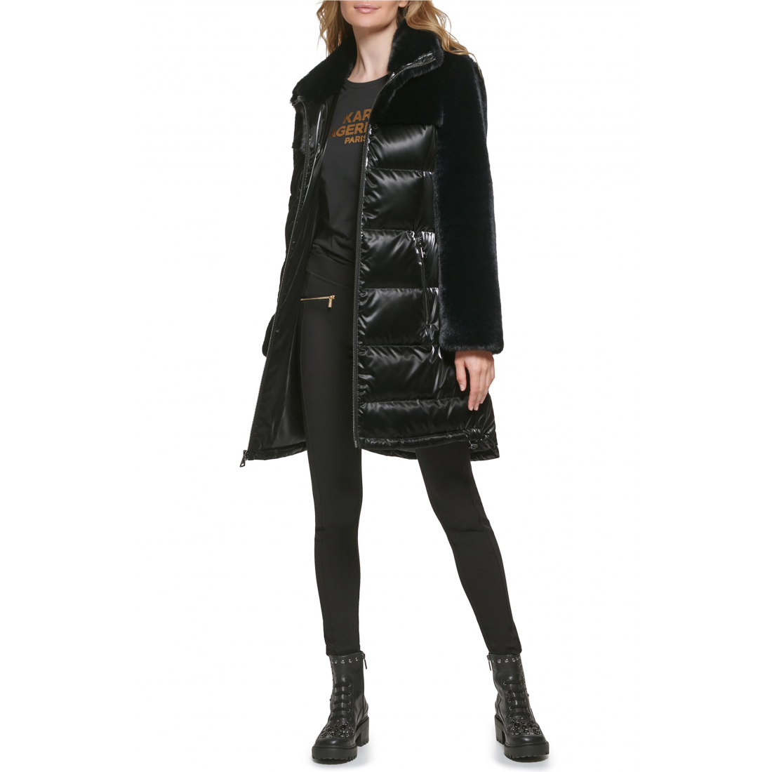 'Lacquer Water Resistant Faux Fur Trim' Pufferjacke für Damen