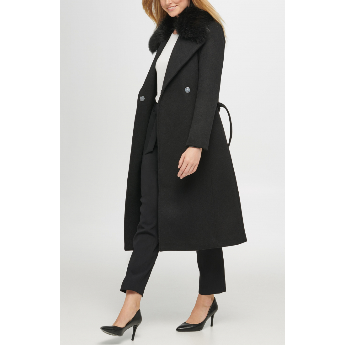 Manteau 'Belted Faux Fur Trim' pour Femmes