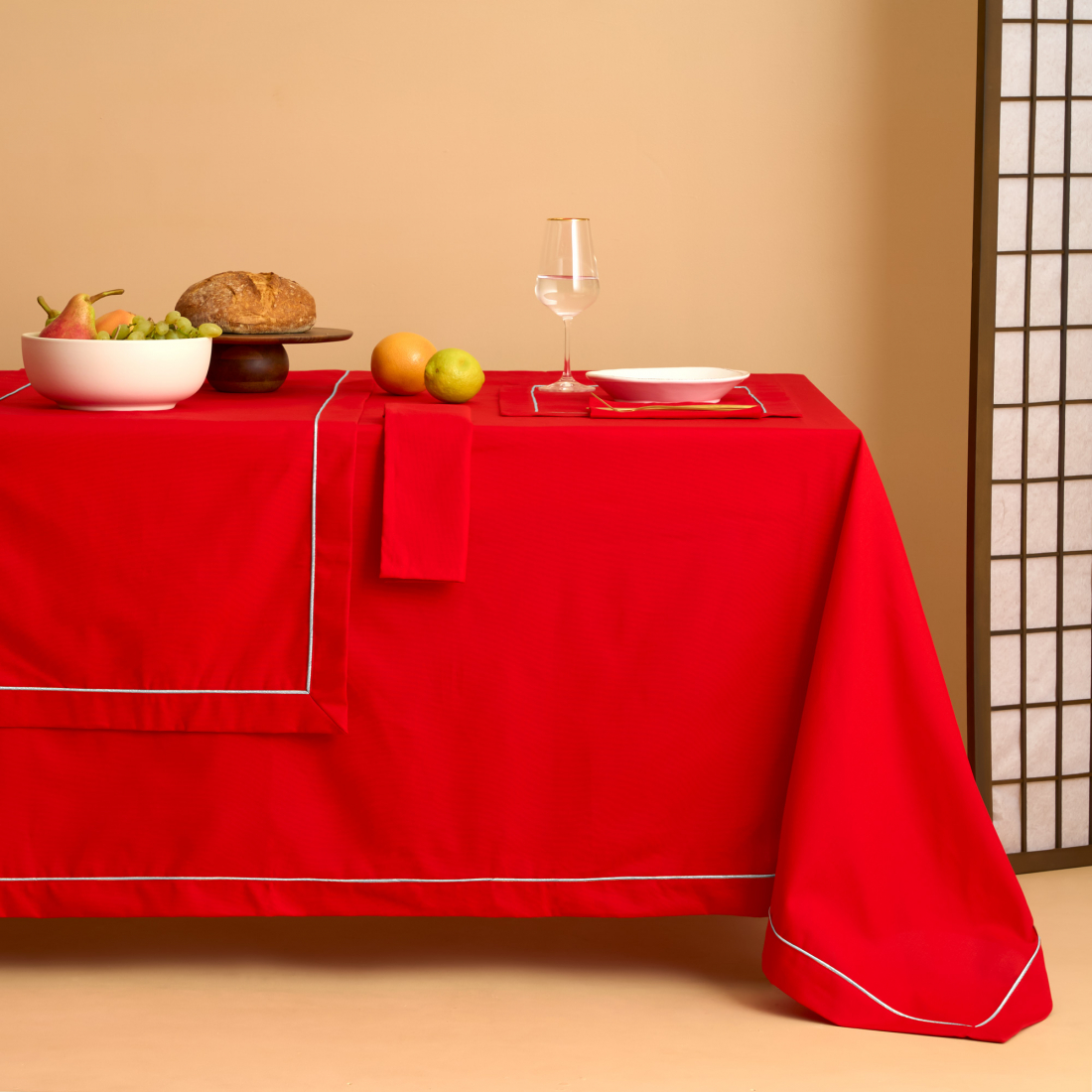 Christmas Linen Tablecloth 180x360 cm, Red/Silver