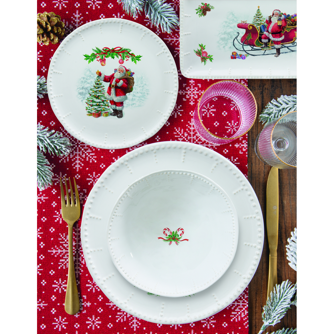 Set Aus 18 Porzellantellern (18 Teile: 6 Vorspeisenteller, 6 Speiseteller, 6 Suppenteller) Natale Incantato