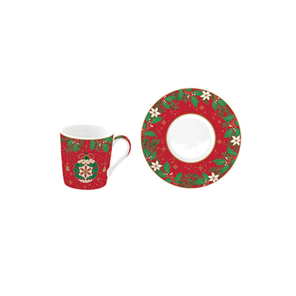 Set Mit 6 Kaffeetassen Und Untertassen Aus Porzellan, 100 ml, In Geschenkbox Jingle Bells