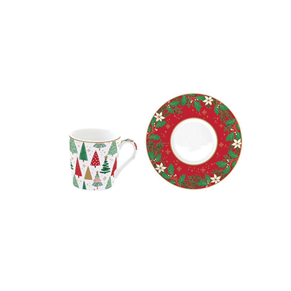 Set Mit 6 Kaffeetassen Und Untertassen Aus Porzellan, 100 ml, In Geschenkbox Jingle Bells