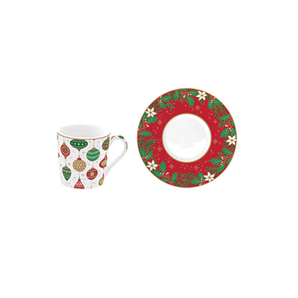 Set Mit 6 Kaffeetassen Und Untertassen Aus Porzellan, 100 ml, In Geschenkbox Jingle Bells