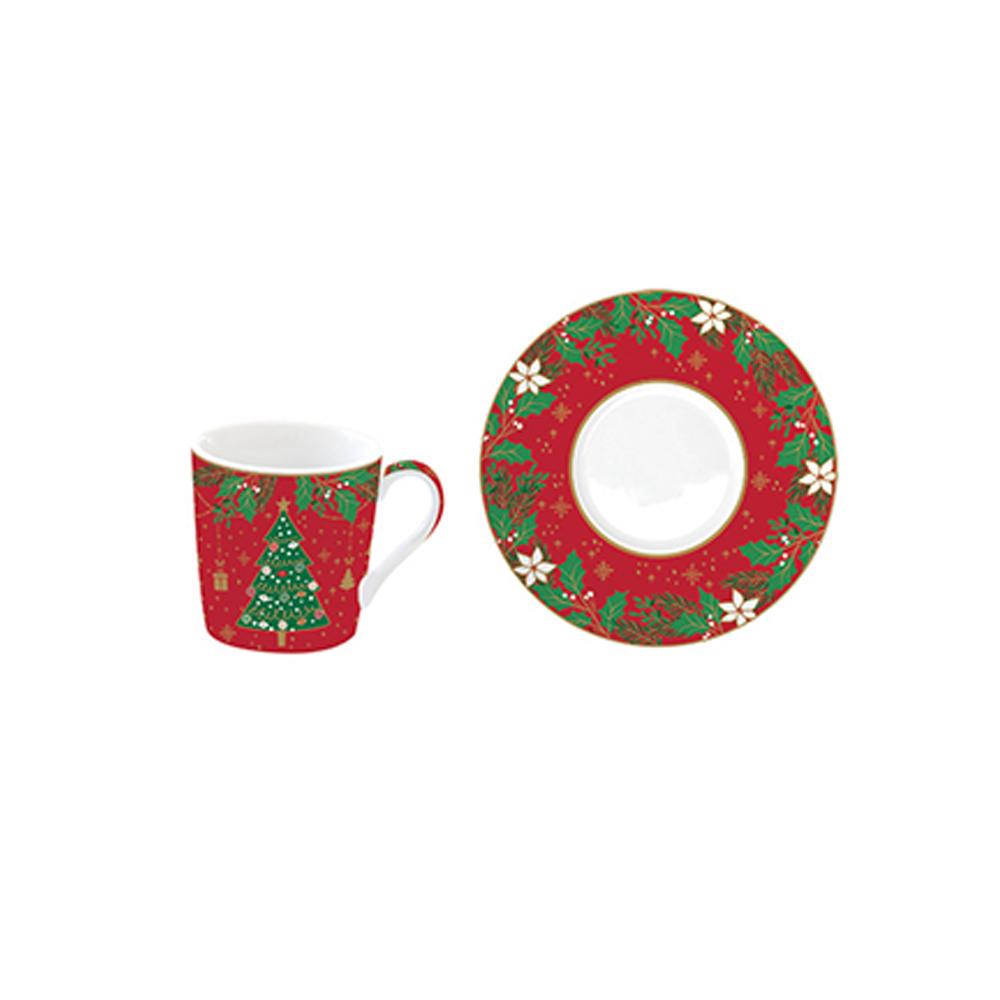 Set Mit 6 Kaffeetassen Und Untertassen Aus Porzellan, 100 ml, In Geschenkbox Jingle Bells