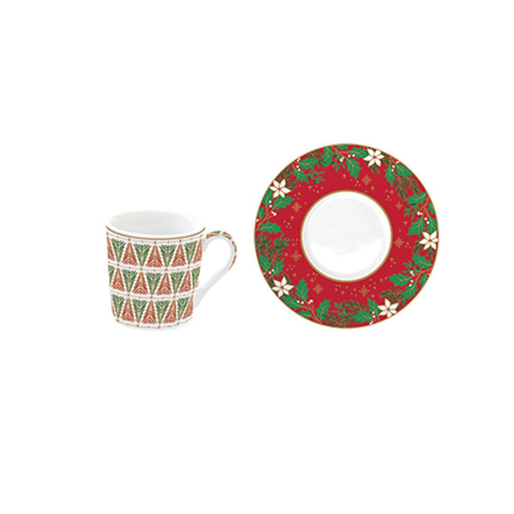 Set Mit 6 Kaffeetassen Und Untertassen Aus Porzellan, 100 ml, In Geschenkbox Jingle Bells