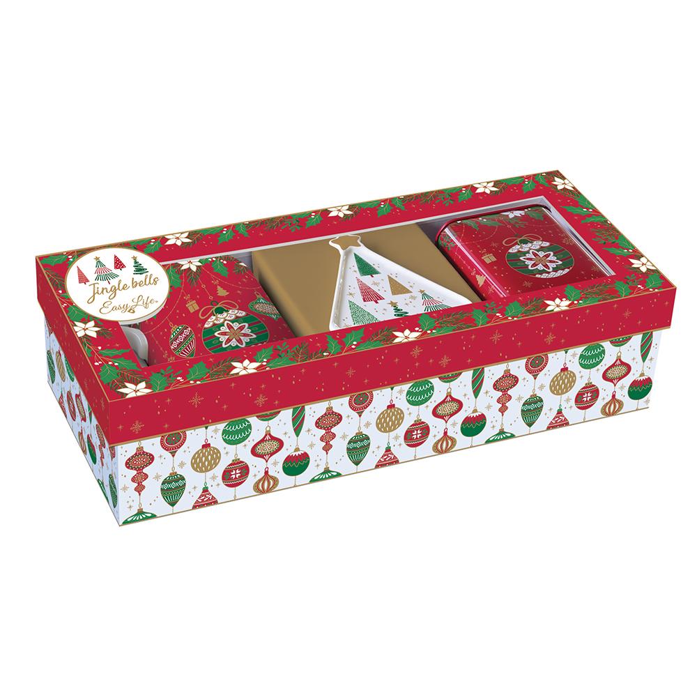 Set Of Porcelain Mug + Tea Bag Rest And Tin Box In Gift Box Jingle Bells