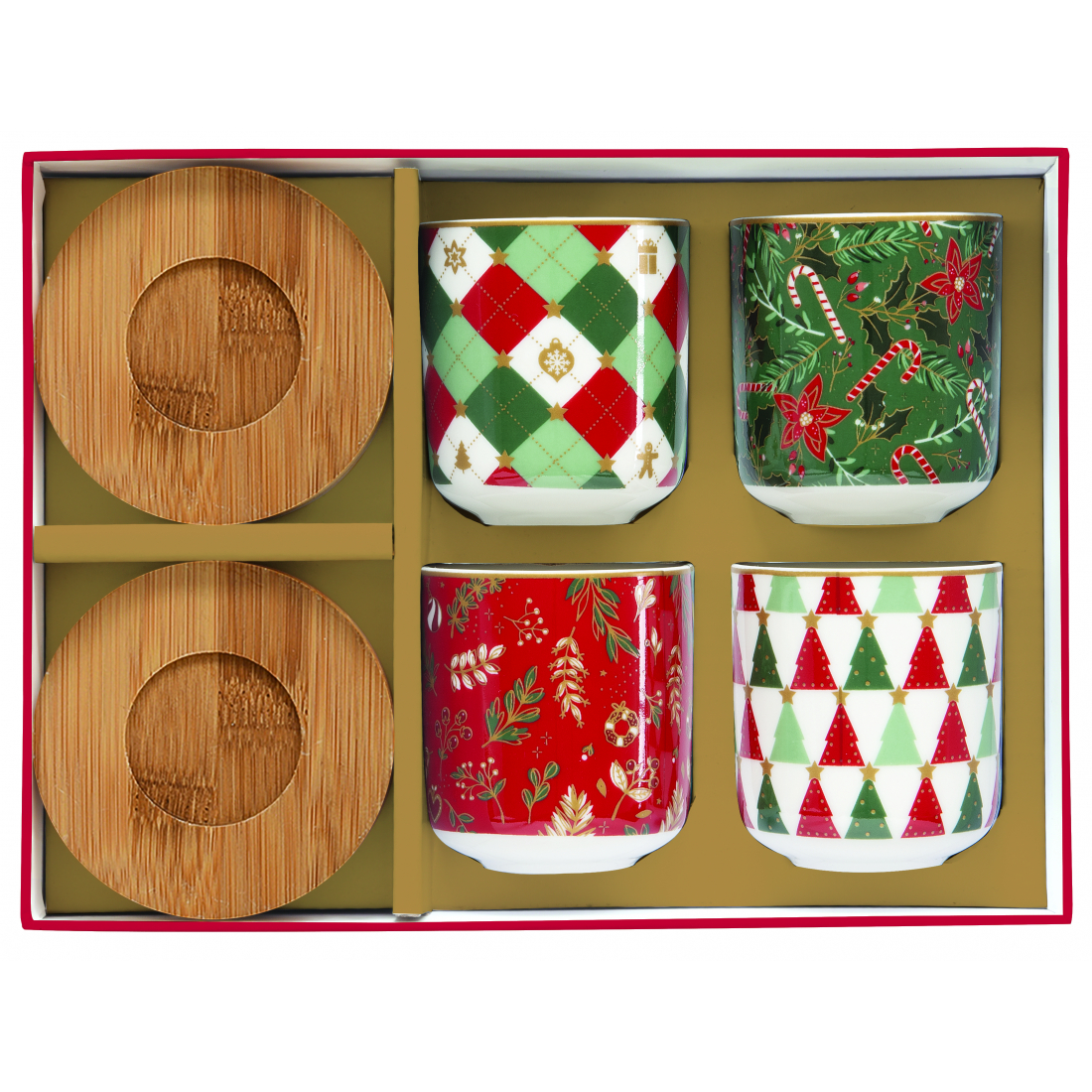 Coffret Cadeau Fancy Christmas De 4 Tasses À Café De 110 ml Avec Soucoupes En Bambou