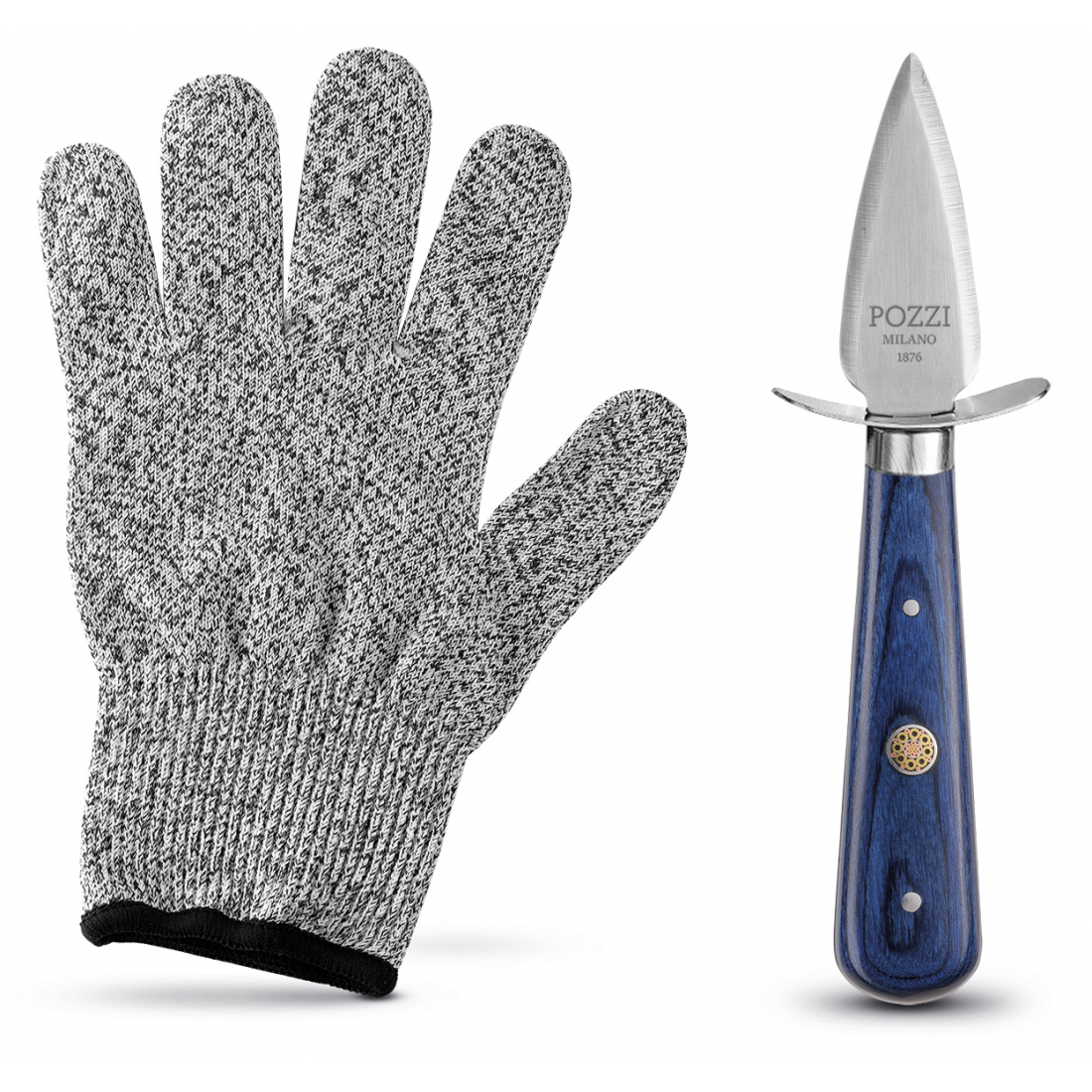 Steel Oyster Knife Set With Glove In A Blue Gift Box