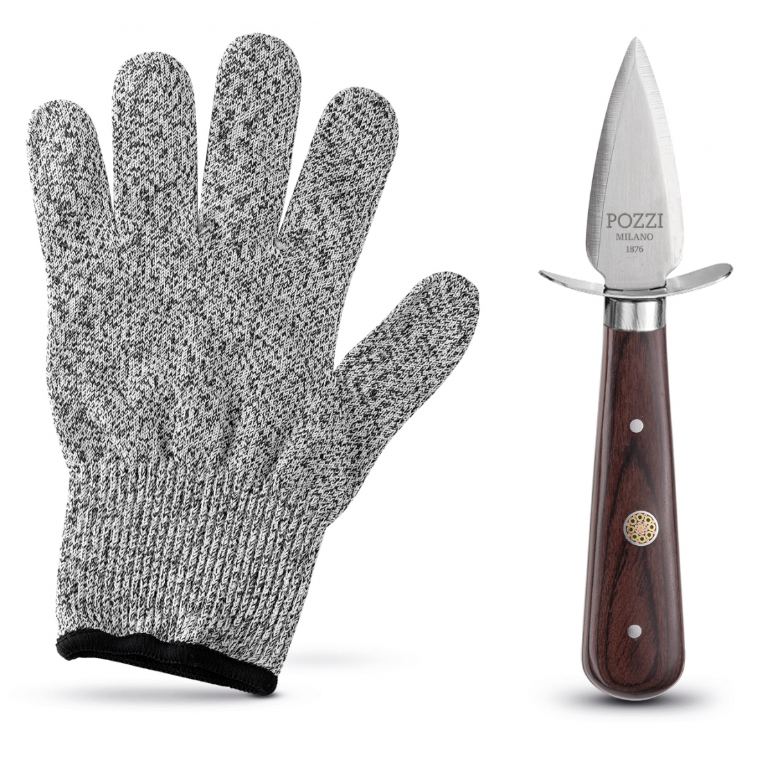 Steel Oyster Knife Set With Glove In Brown Gift Box