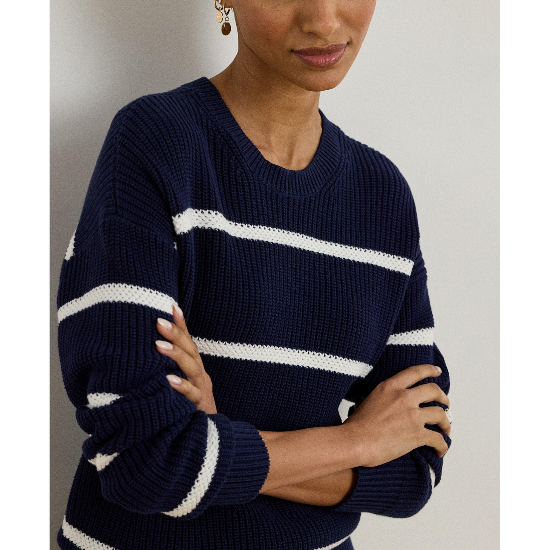 'Striped Rib-Knit Cotton Crewneck Sweater' pour Femmes