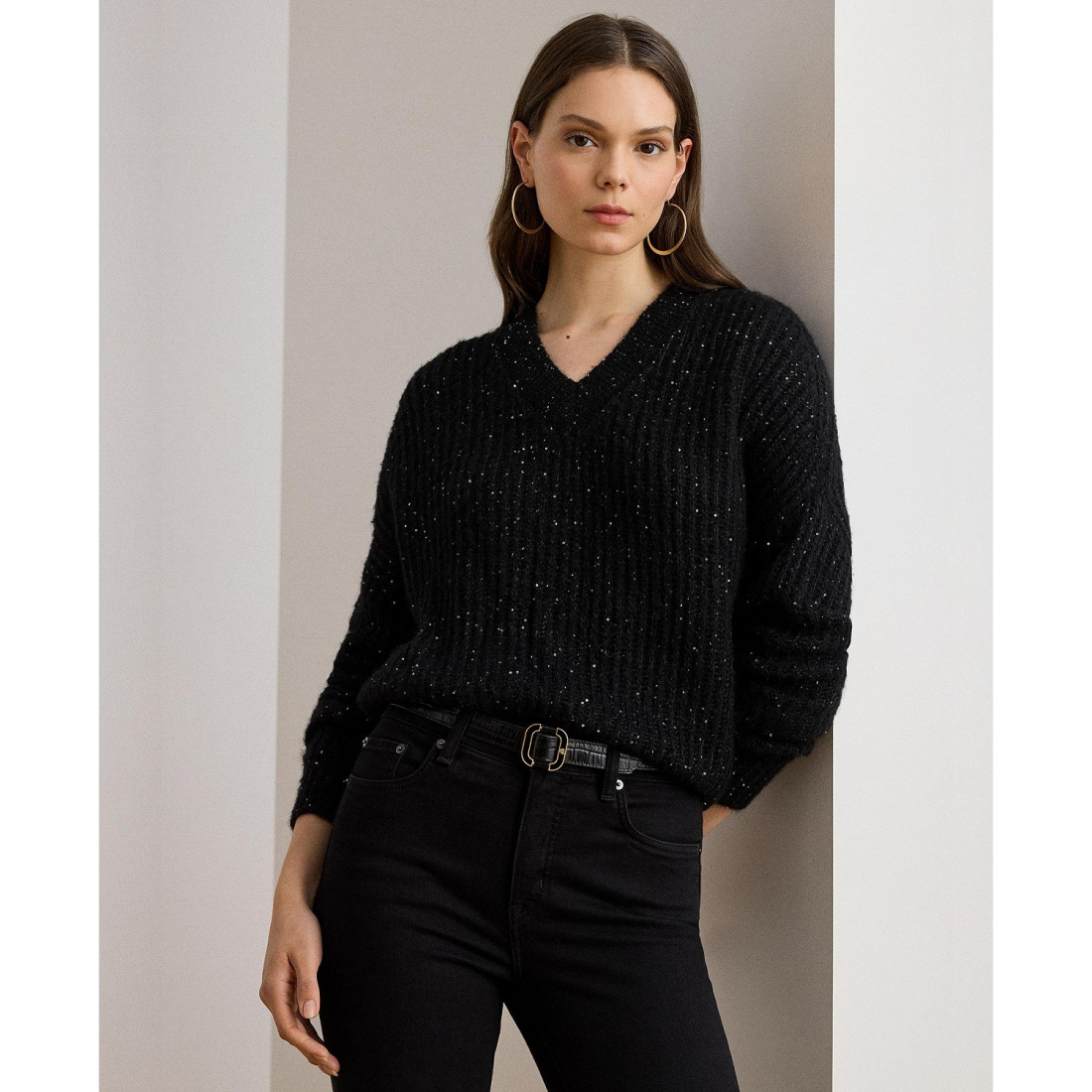 'Sequined Rib-Knit V-Neck Sweater' pour Femmes