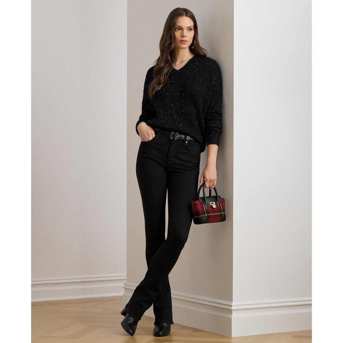 'Sequined Rib-Knit V-Neck Sweater' pour Femmes