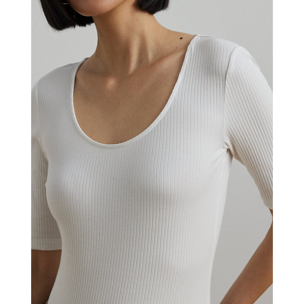 'Rib-Knit Cotton-Blend Elbow-Sleeve Tee' pour Femmes