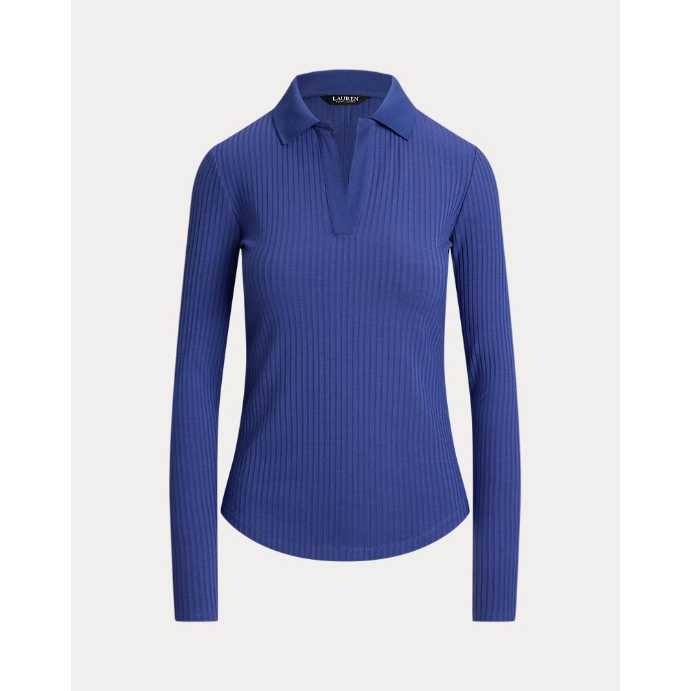 'Rib-Knit Long-Sleeve Polo Top' pour Femmes