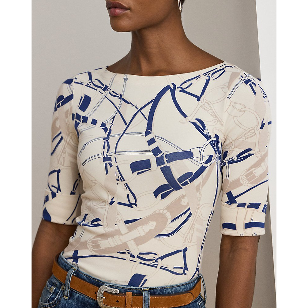 'Belting-Print Cotton Boatneck Tee' pour Femmes