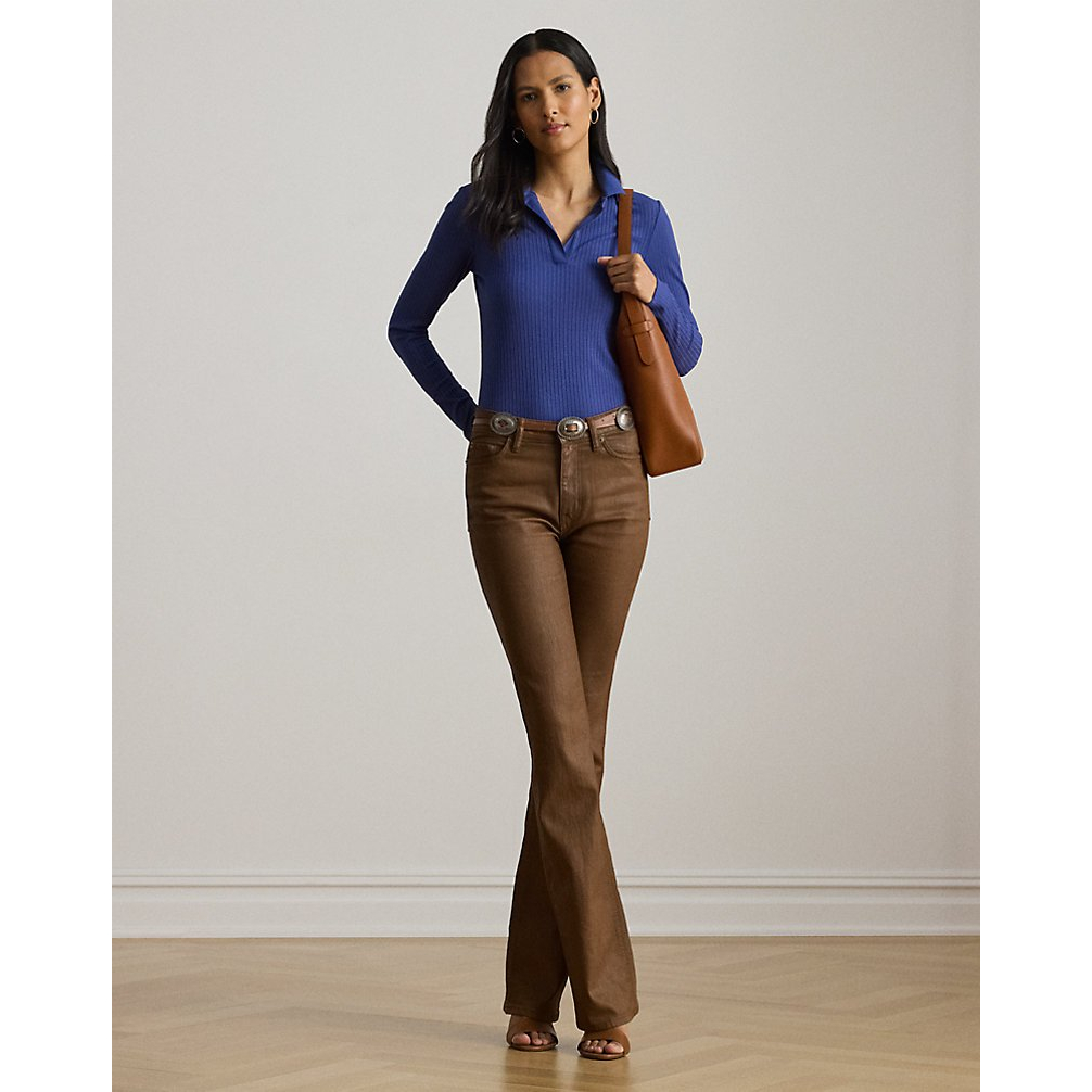 'Rib-Knit Long-Sleeve Polo Top' pour Femmes