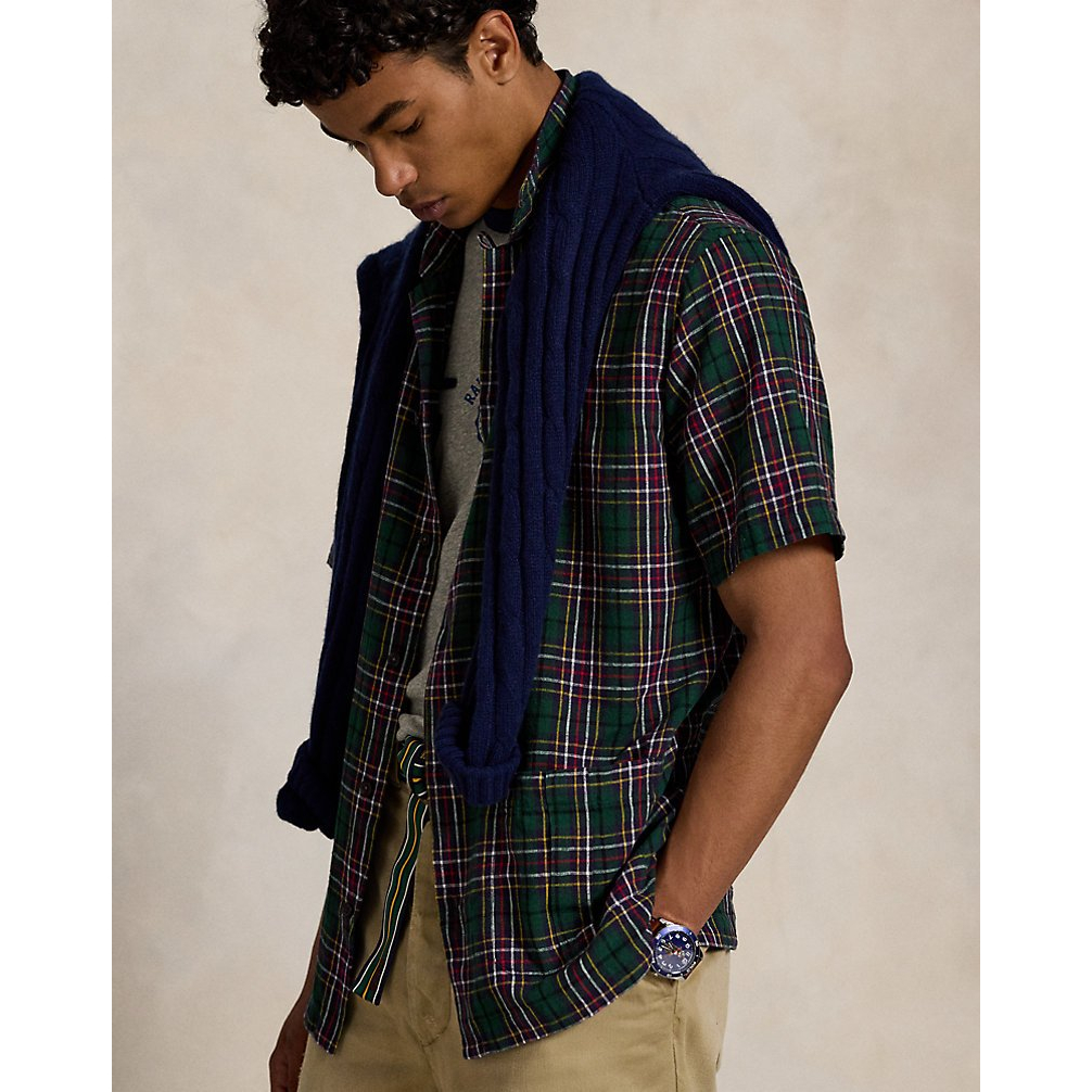 'Classic Fit Plaid Linen-Cotton Shirt' pour Hommes