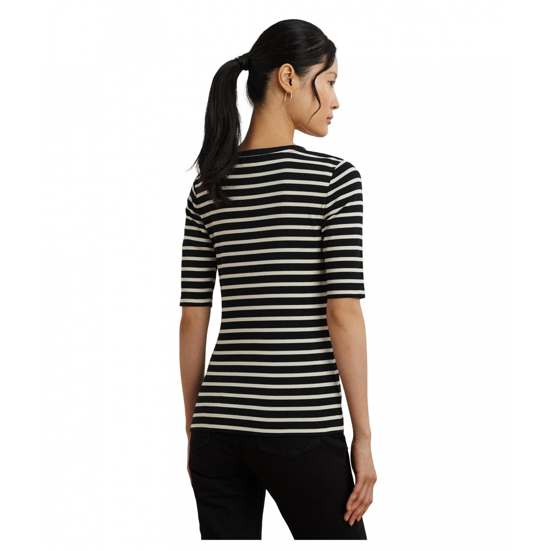 'Striped Elbow-sleeve Henley Top' pour Femmes