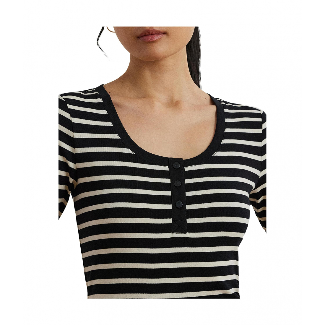 'Striped Elbow-sleeve Henley Top' pour Femmes