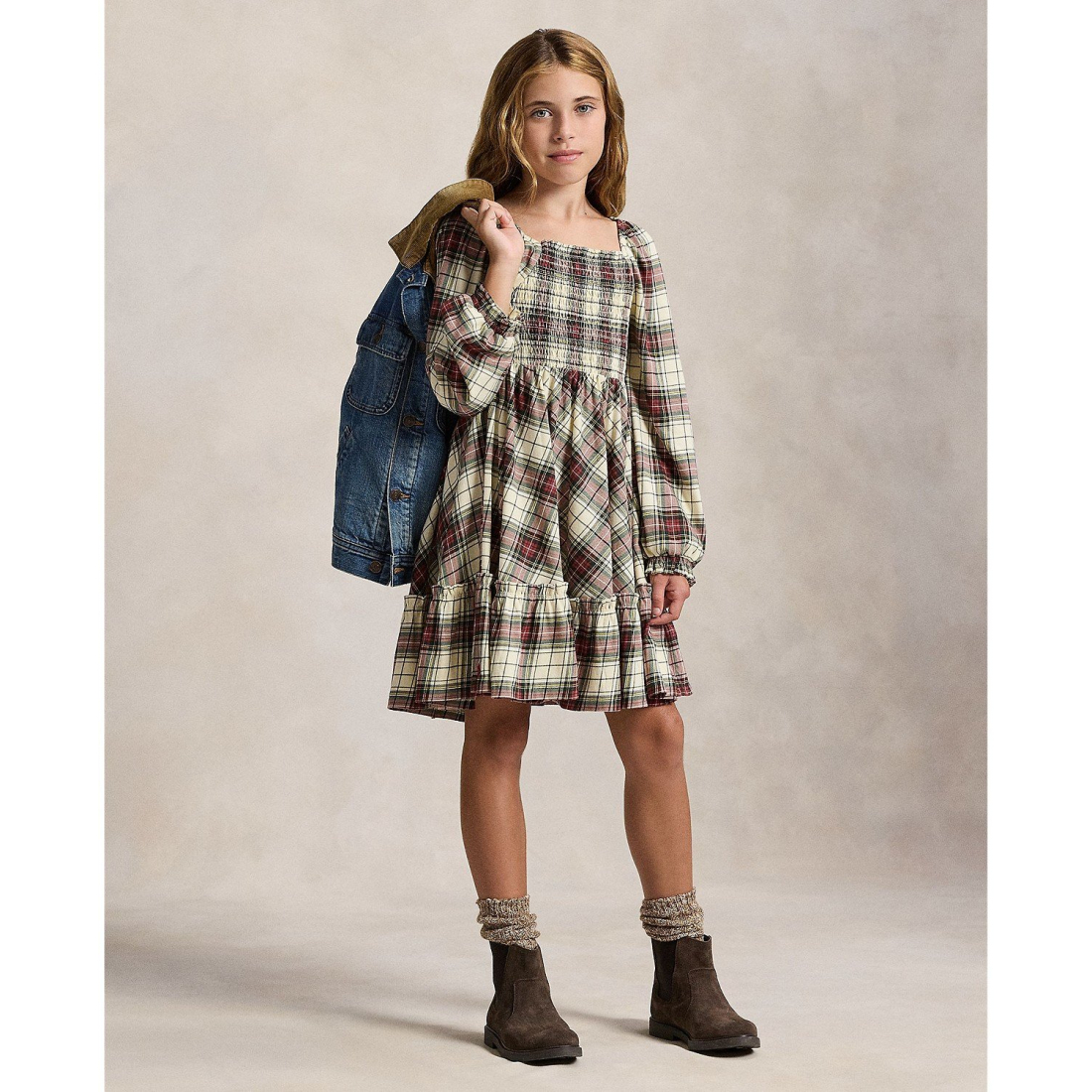 'Girls' 7-16 Long-Sleeve Plaid Ruffled Dress'