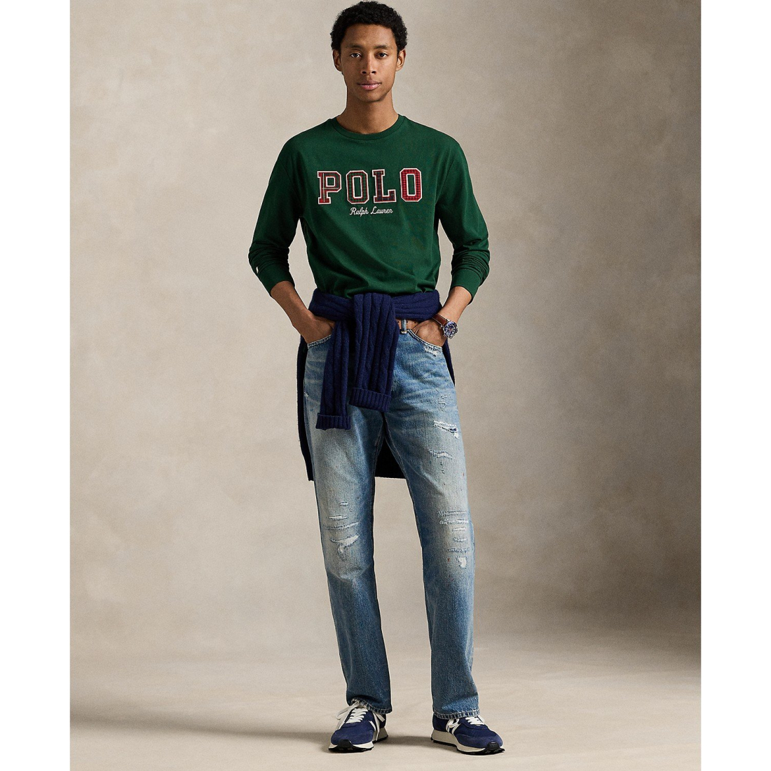 'Long-Sleeve Plaid-Logo Applique T-Shirt' pour Hommes