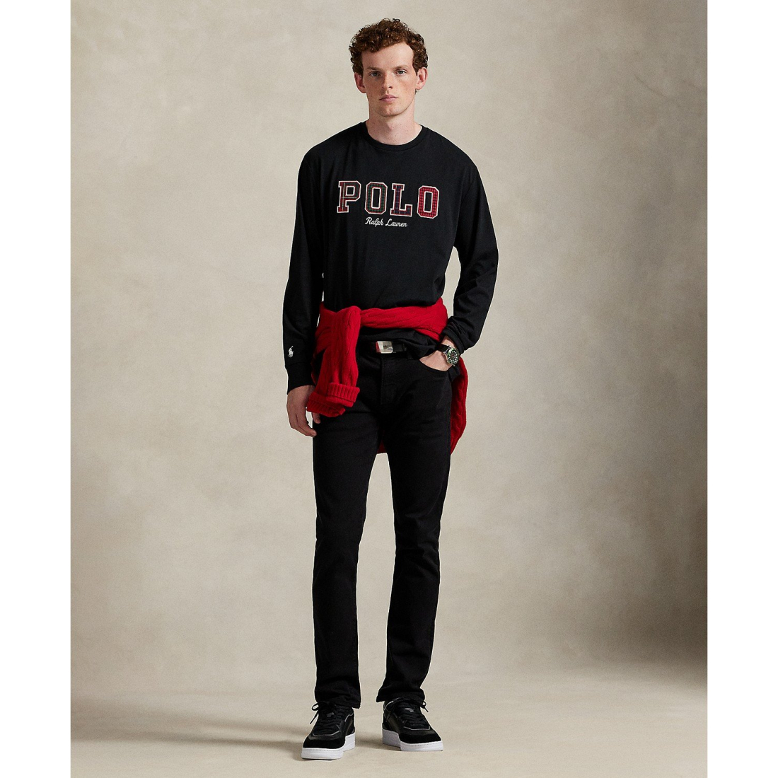'Long-Sleeve Plaid-Logo Applique T-Shirt' pour Hommes