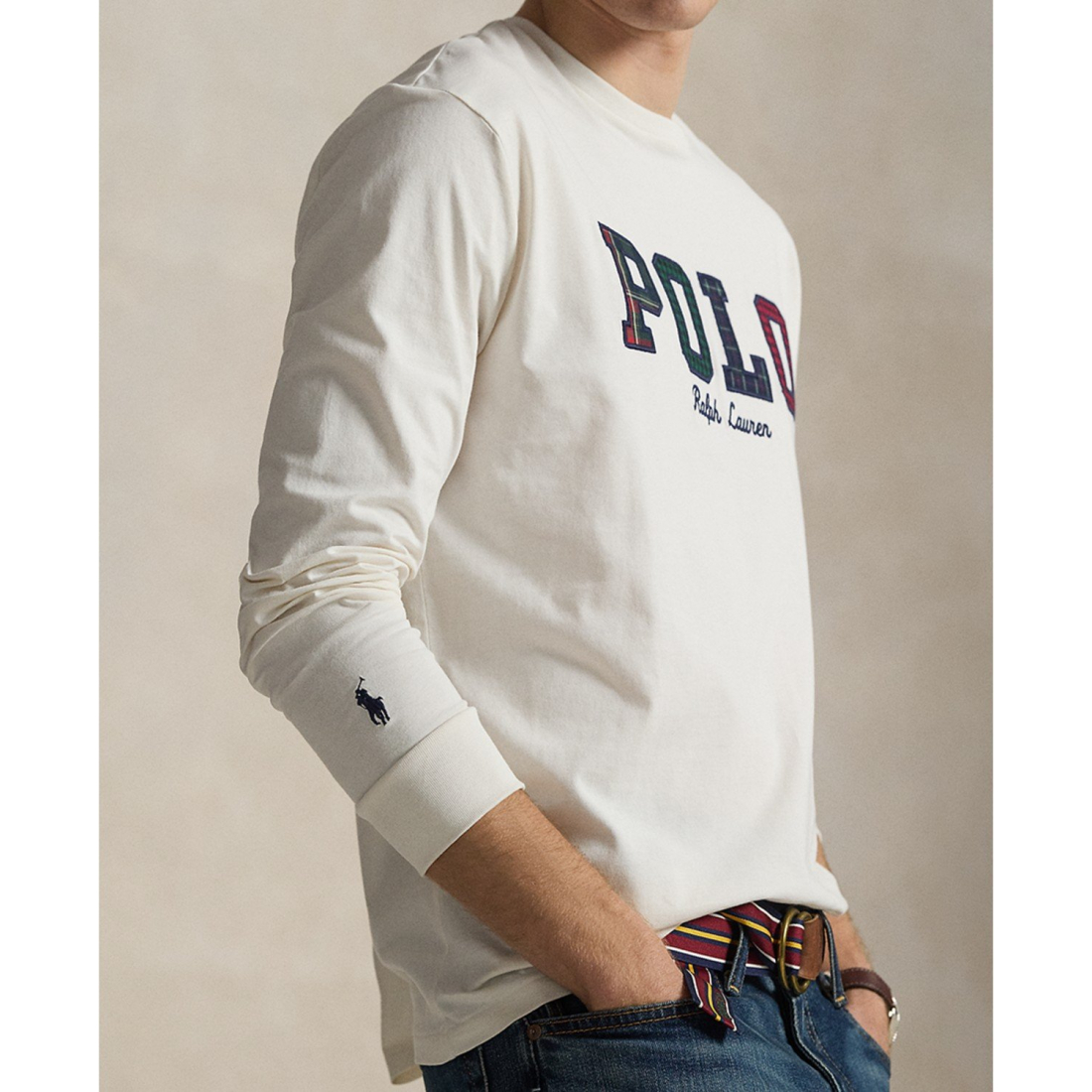 'Long-Sleeve Plaid-Logo Applique T-Shirt' pour Hommes