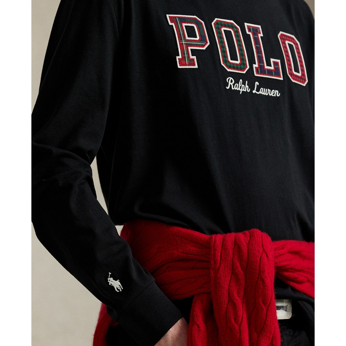'Long-Sleeve Plaid-Logo Applique T-Shirt' pour Hommes