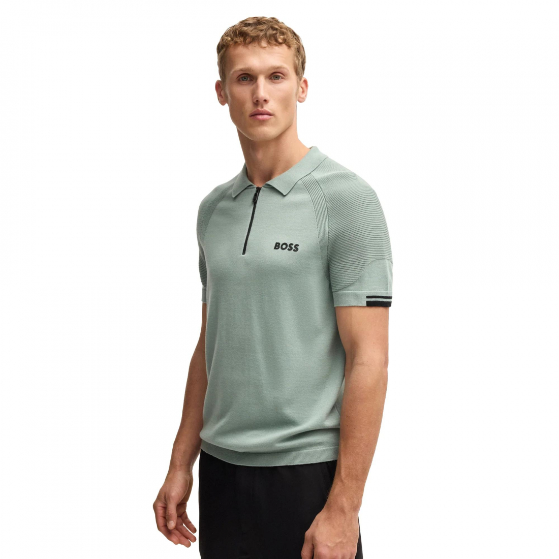 Men's 'Ribbed-Cuffs Zip-Fastening' Polo Shirt
