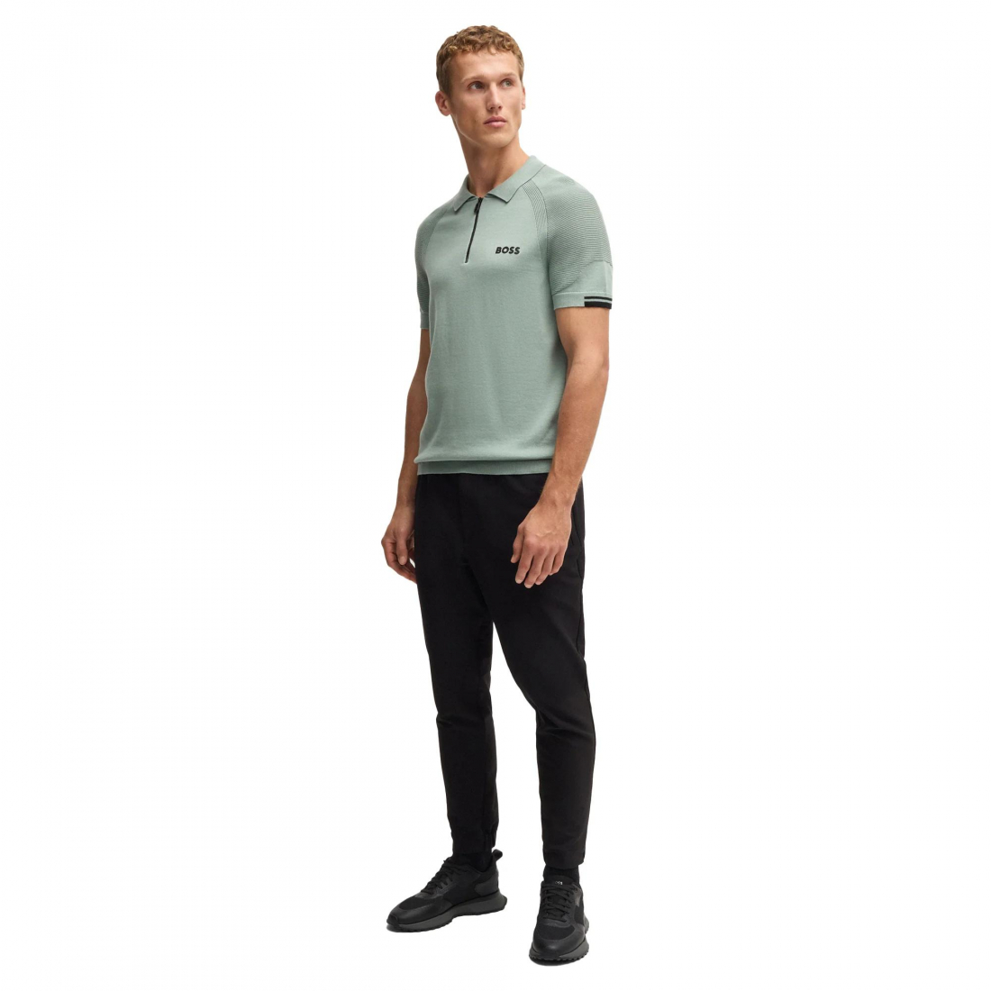 Men's 'Ribbed-Cuffs Zip-Fastening' Polo Shirt