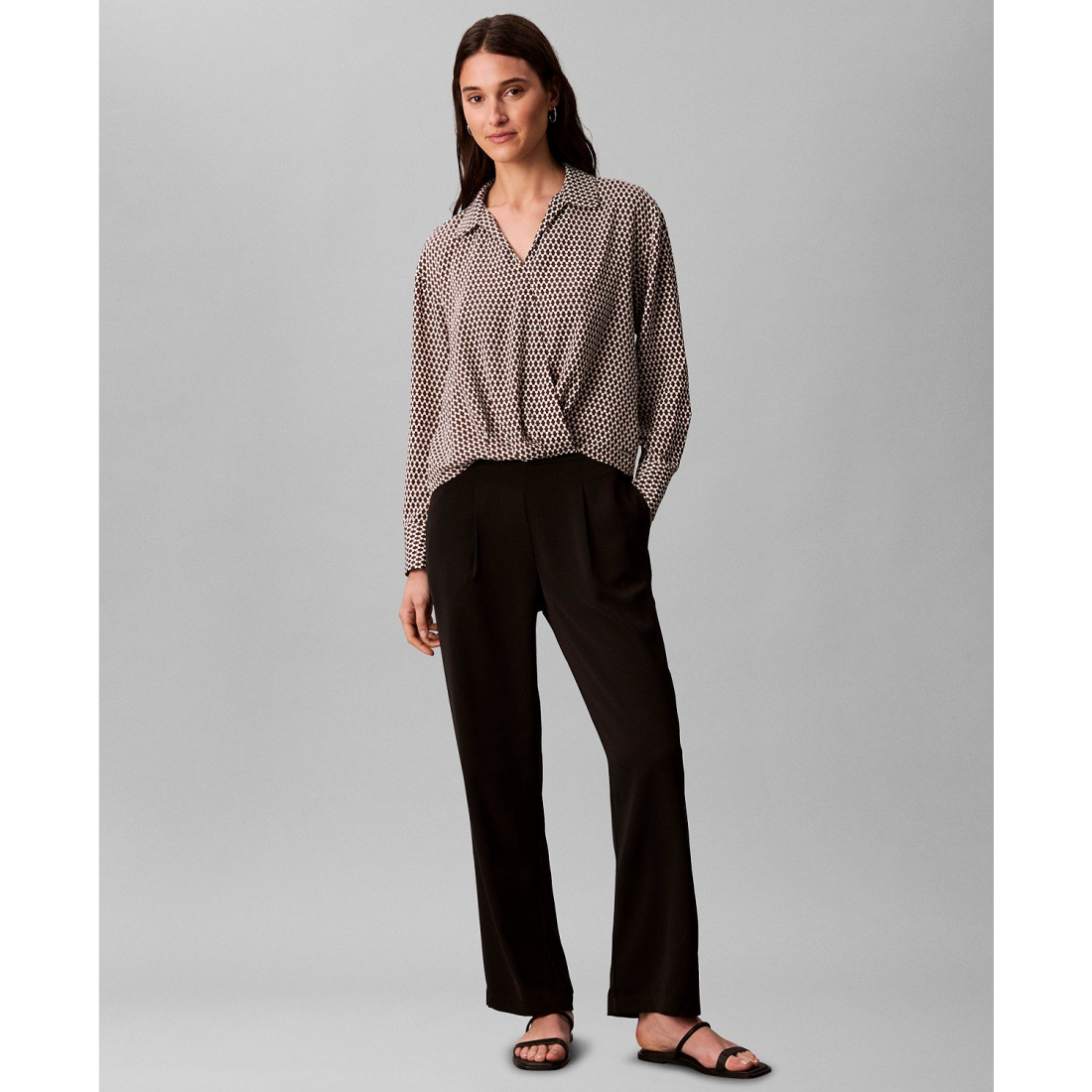 'Long Sleeve Printed Faux Wrap Top' pour Femmes