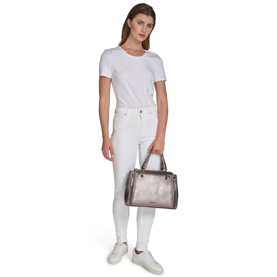 'Garnet Triple Compartment Top Zipper Metallic Satchel' pour Femmes