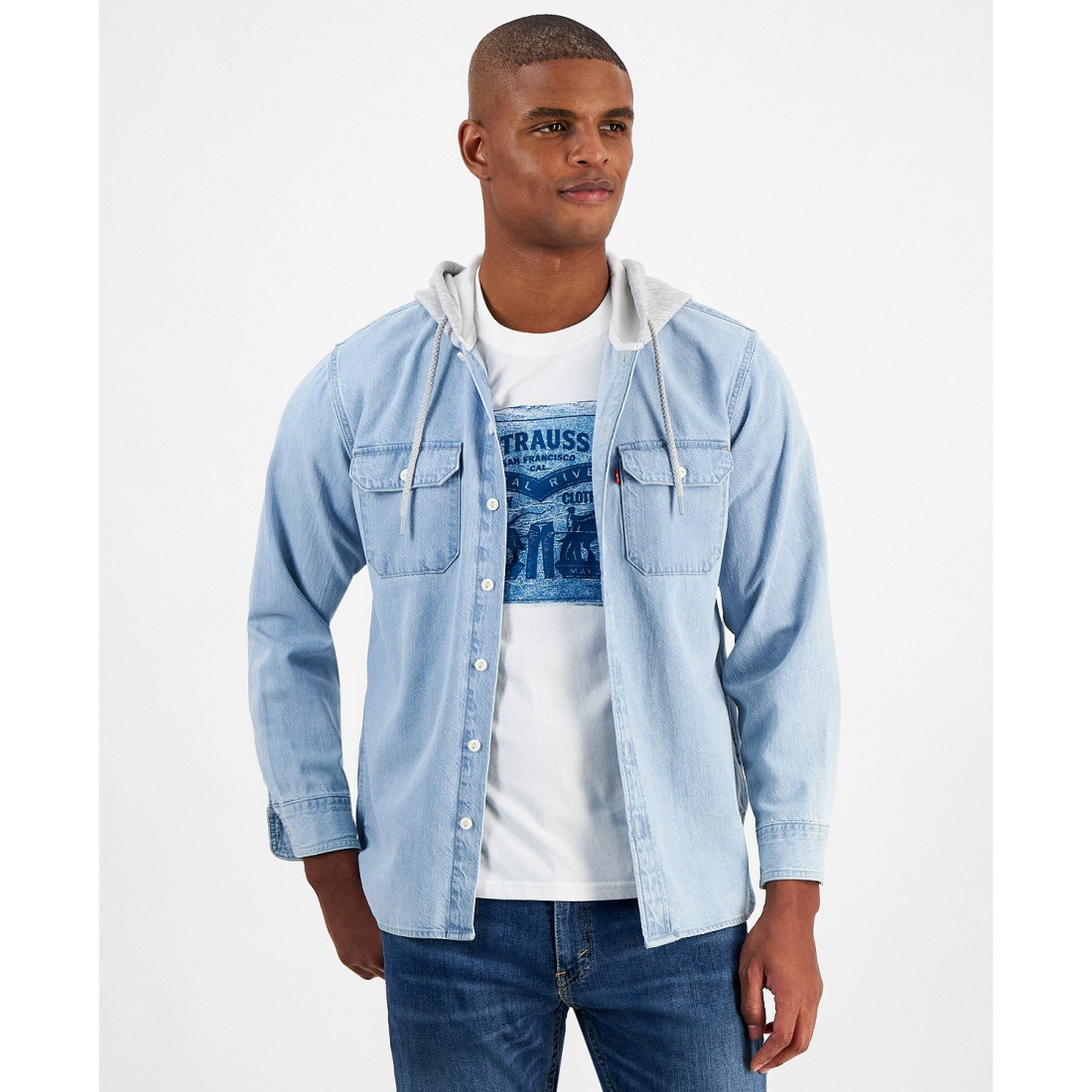 'Relaxed-Fit Hooded Denim Shirt Jacket' pour Hommes