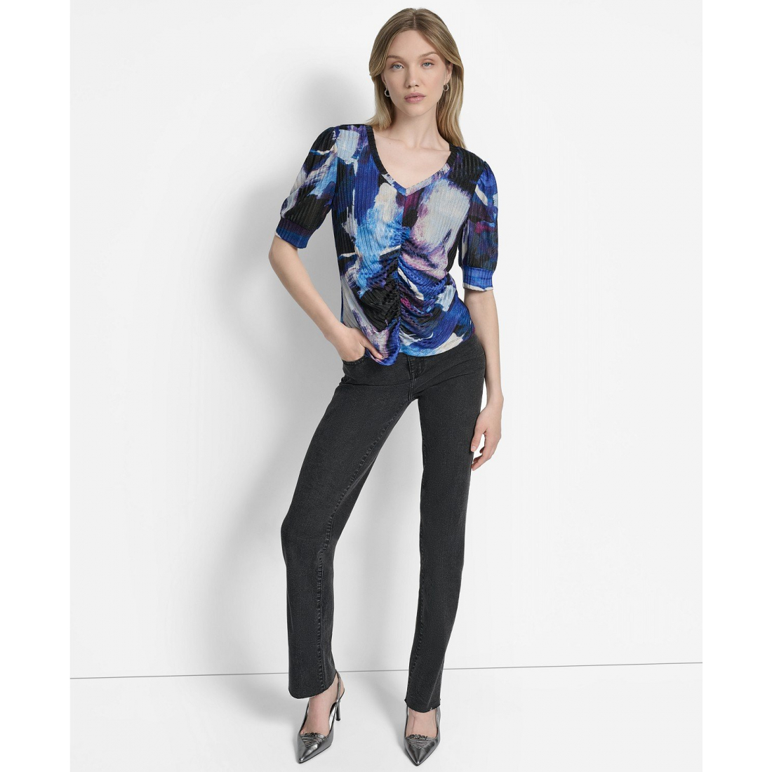 Top à manches 3/4 'Printed Puff-Sleeve Ruched' pour Femmes