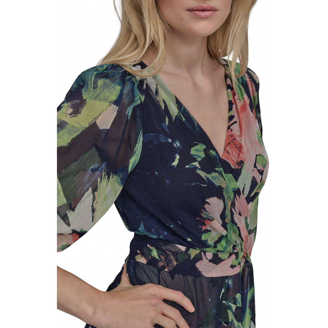 Robe Midi 'Floral Balloon Sleeve Faux Wrap' pour Femmes