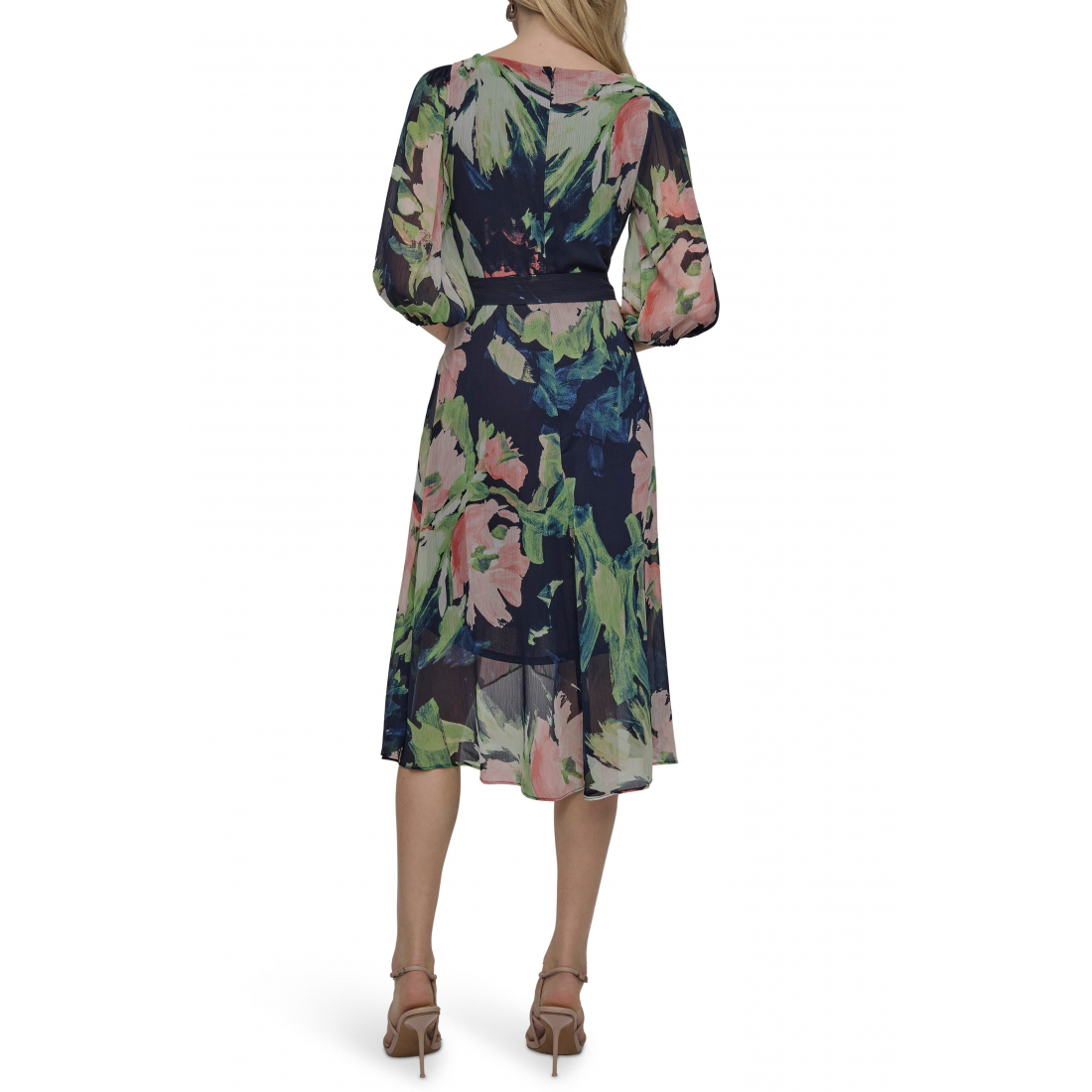 Robe Midi 'Floral Balloon Sleeve Faux Wrap' pour Femmes