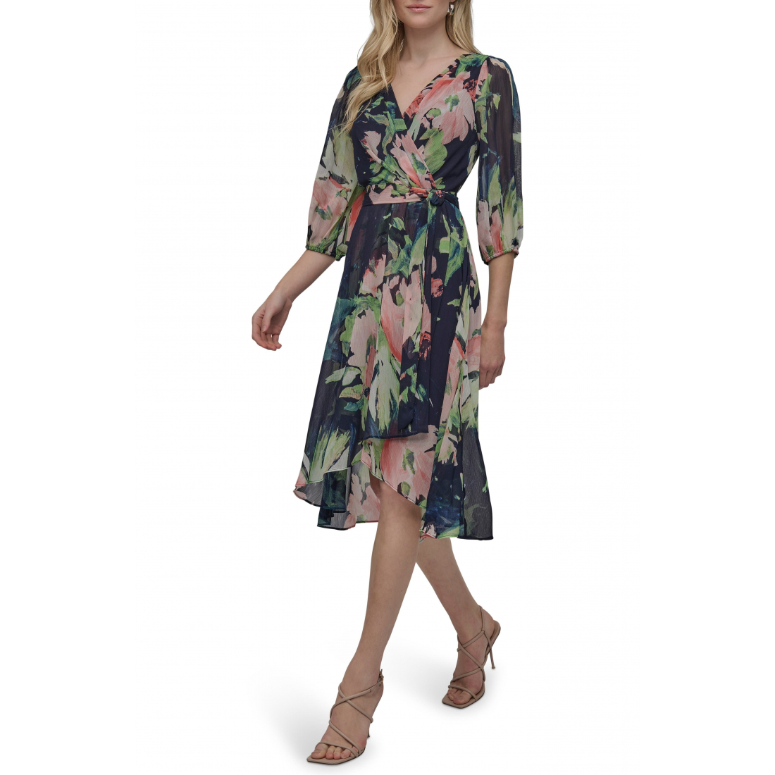 Robe Midi 'Floral Balloon Sleeve Faux Wrap' pour Femmes