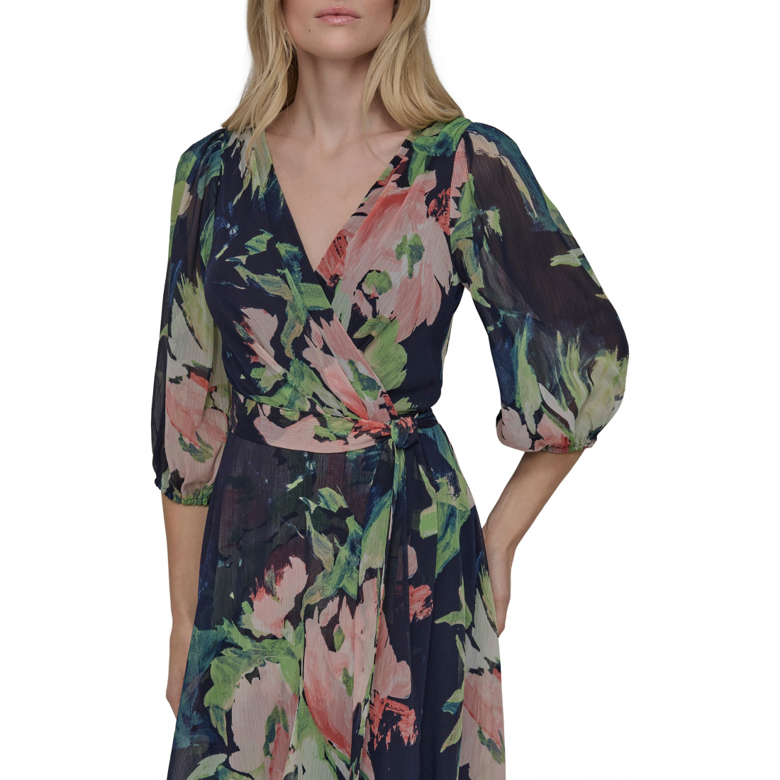 Robe Midi 'Floral Balloon Sleeve Faux Wrap' pour Femmes