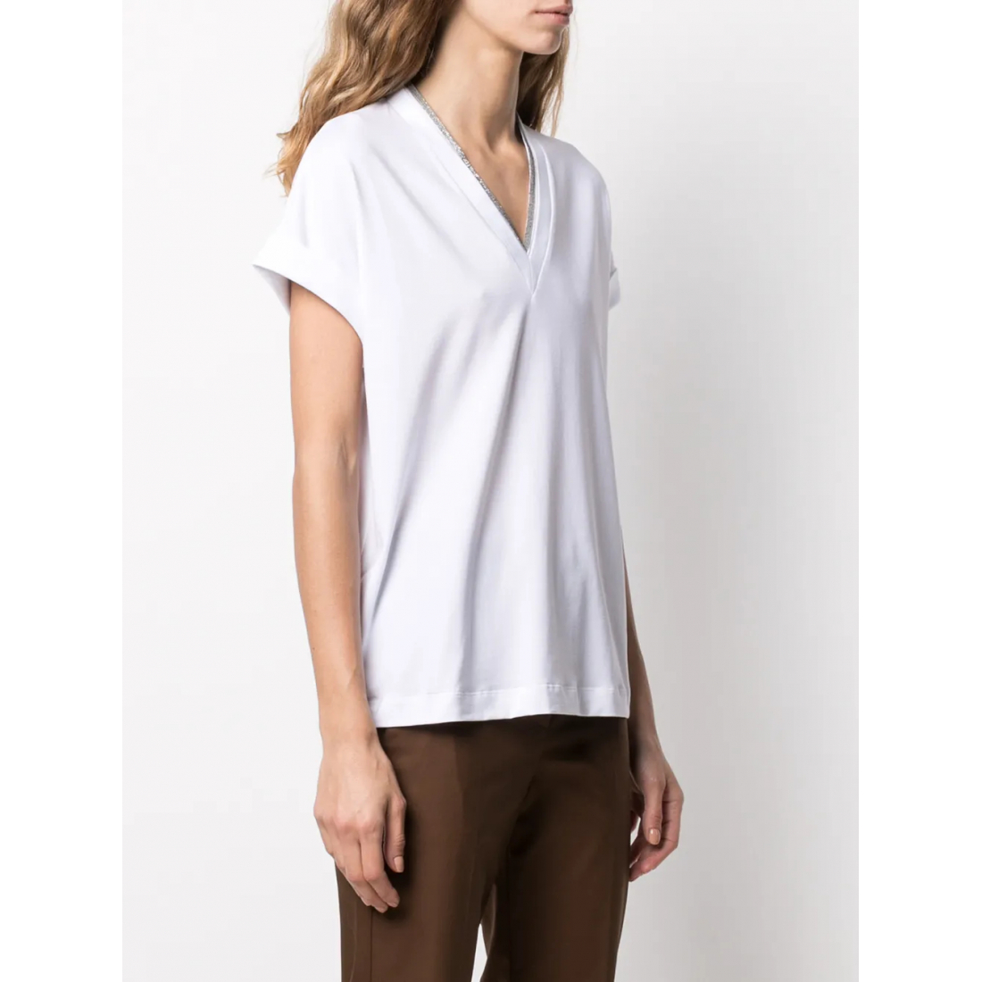T-shirt 'Silvery Trim V-Neck' pour Femmes