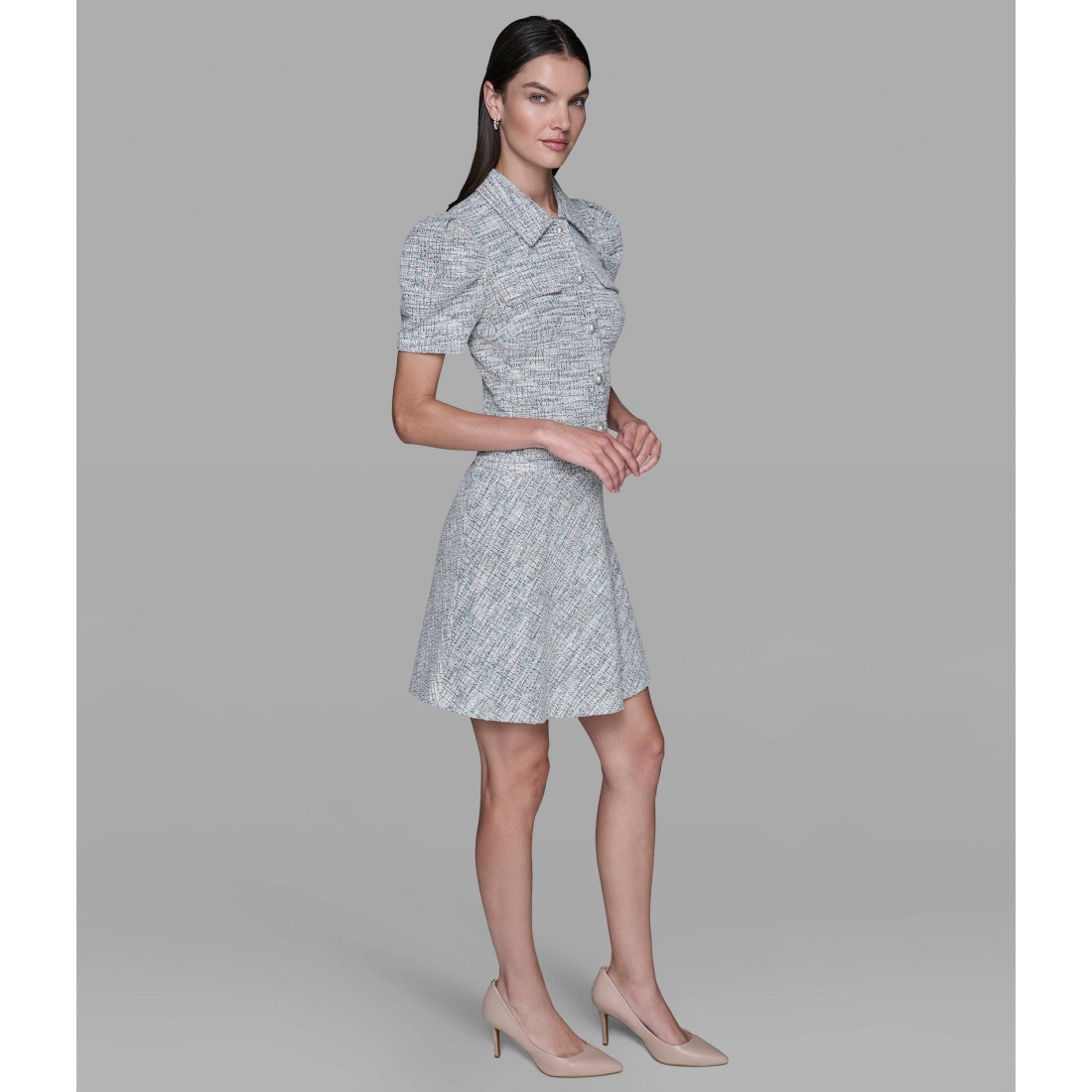 'Tweed Knit A-Line Dress With Puff Sleeves' für Damen