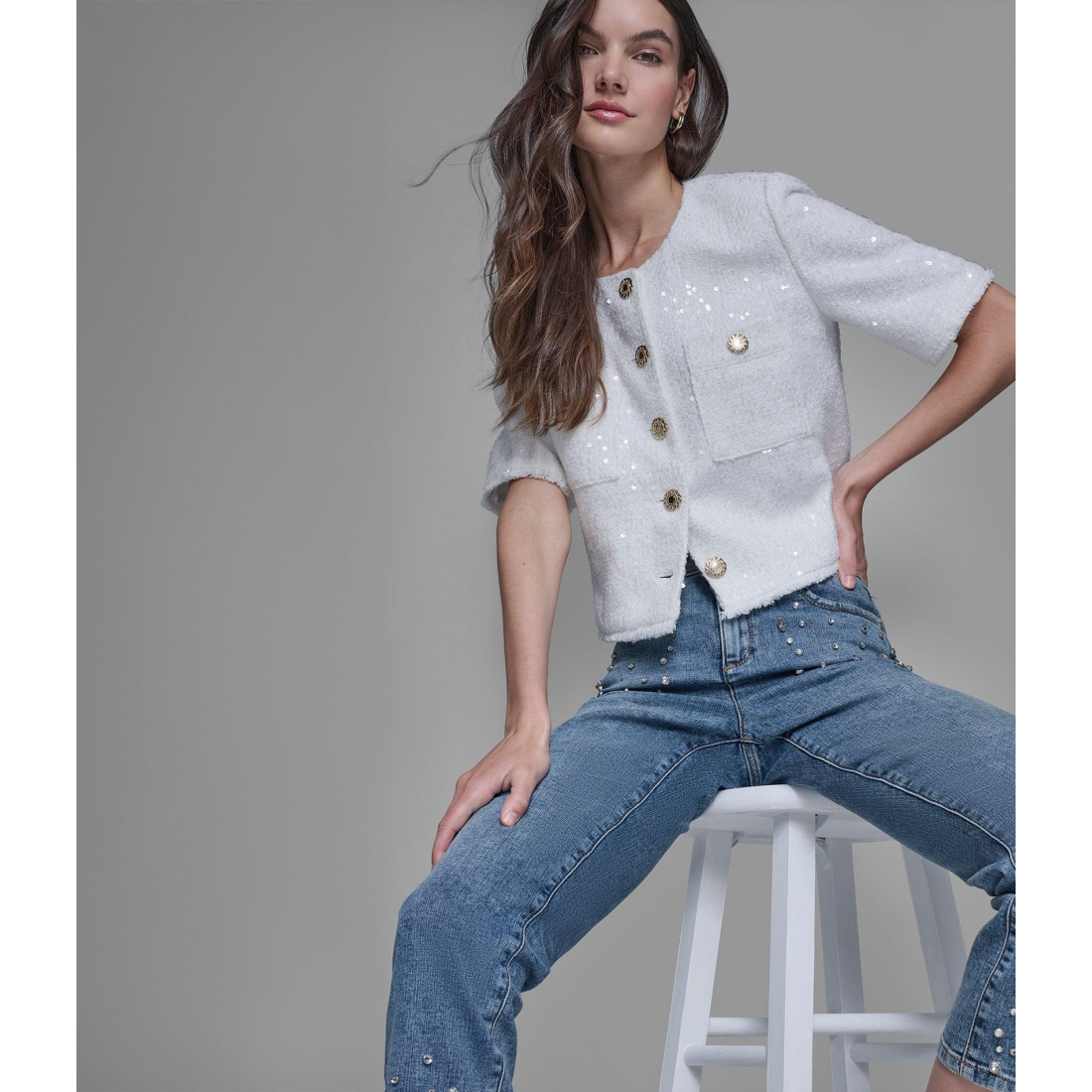 'Short Sleeve Shimmer Tweed Jacket' pour Femmes
