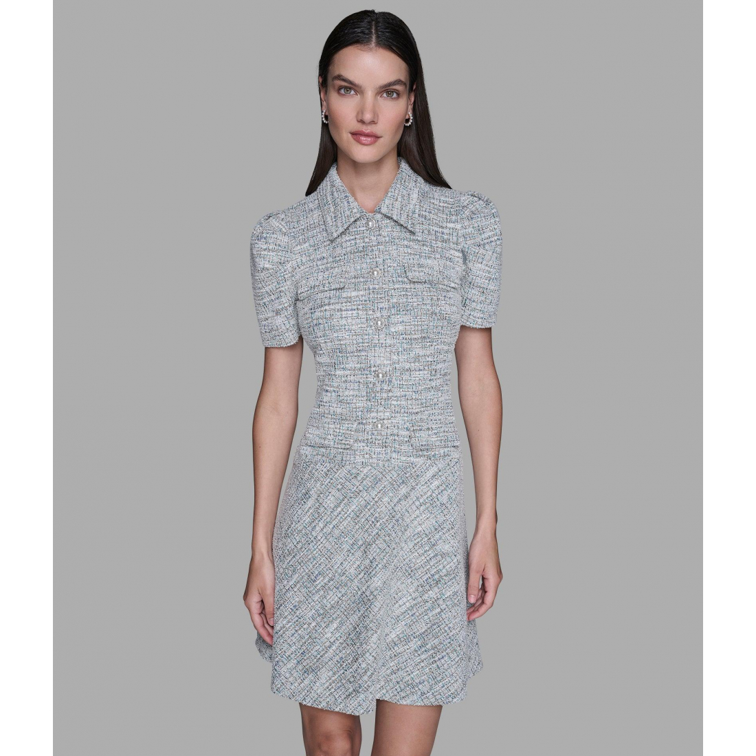 'Tweed Knit A-Line Dress With Puff Sleeves' für Damen