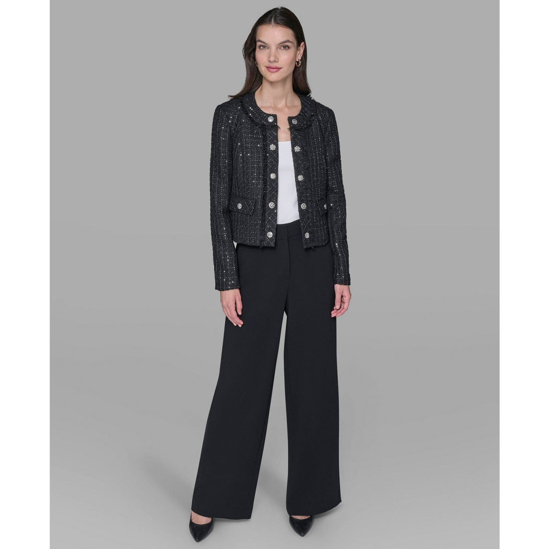 'Cropped Collarless Tweed Jacket' für Damen