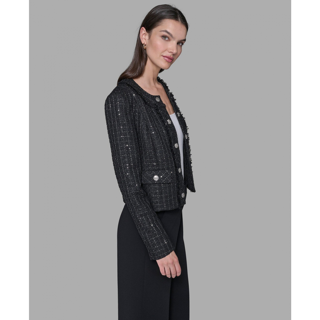'Cropped Collarless Tweed Jacket' für Damen