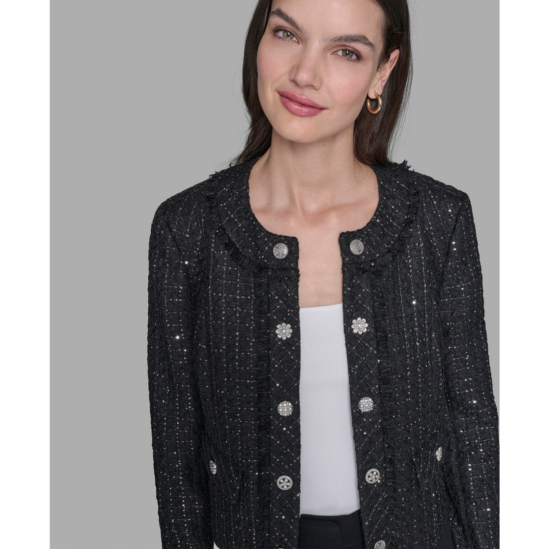 'Cropped Collarless Tweed Jacket' für Damen