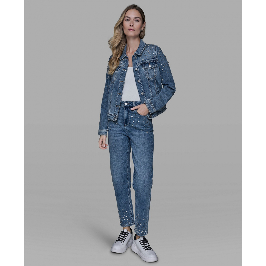 'Button Front Embellished Denim Jacket' für Damen