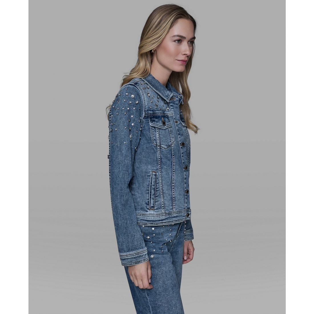 'Button Front Embellished Denim Jacket' für Damen