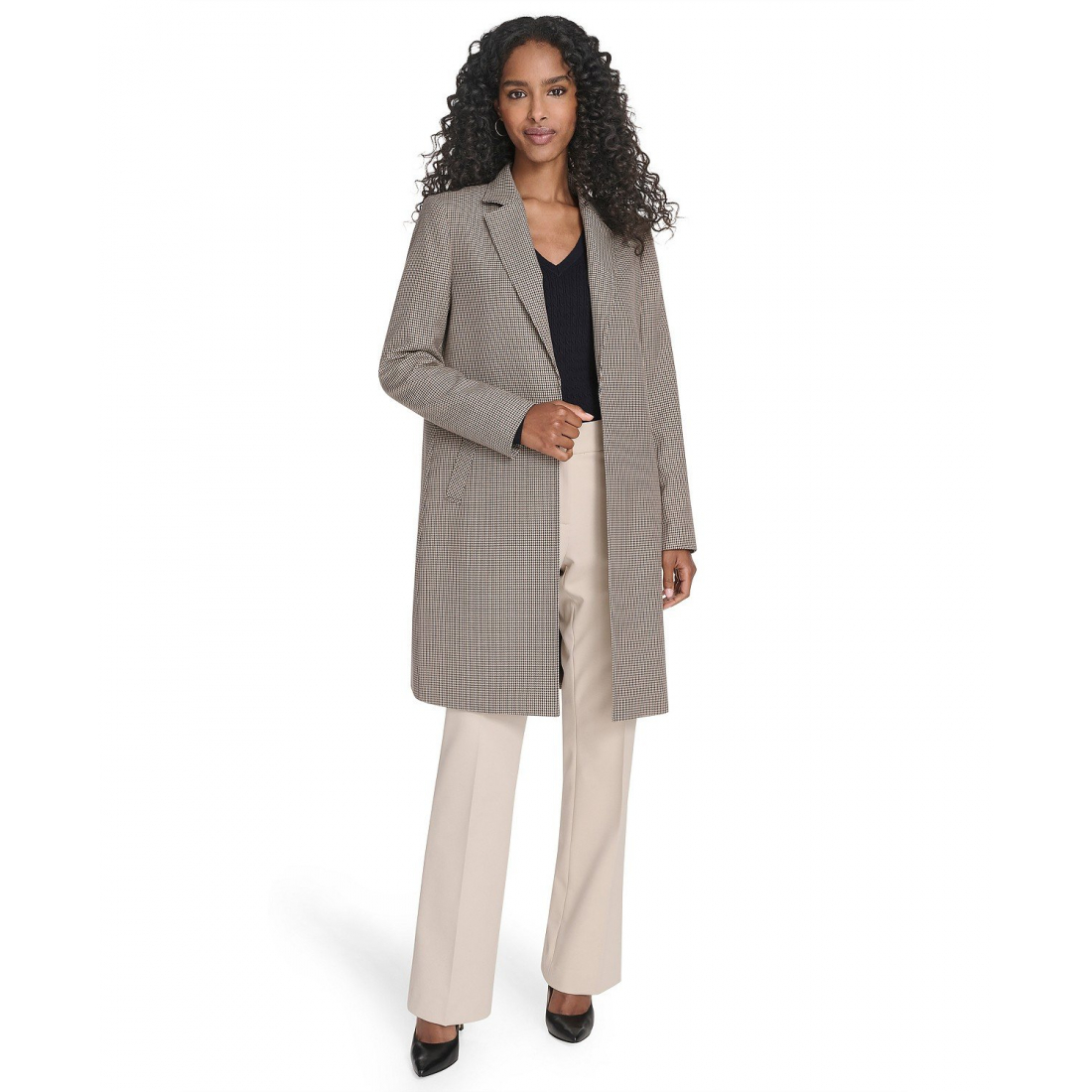 'Houndstooth Pattern Topper Long Jacket' pour Femmes